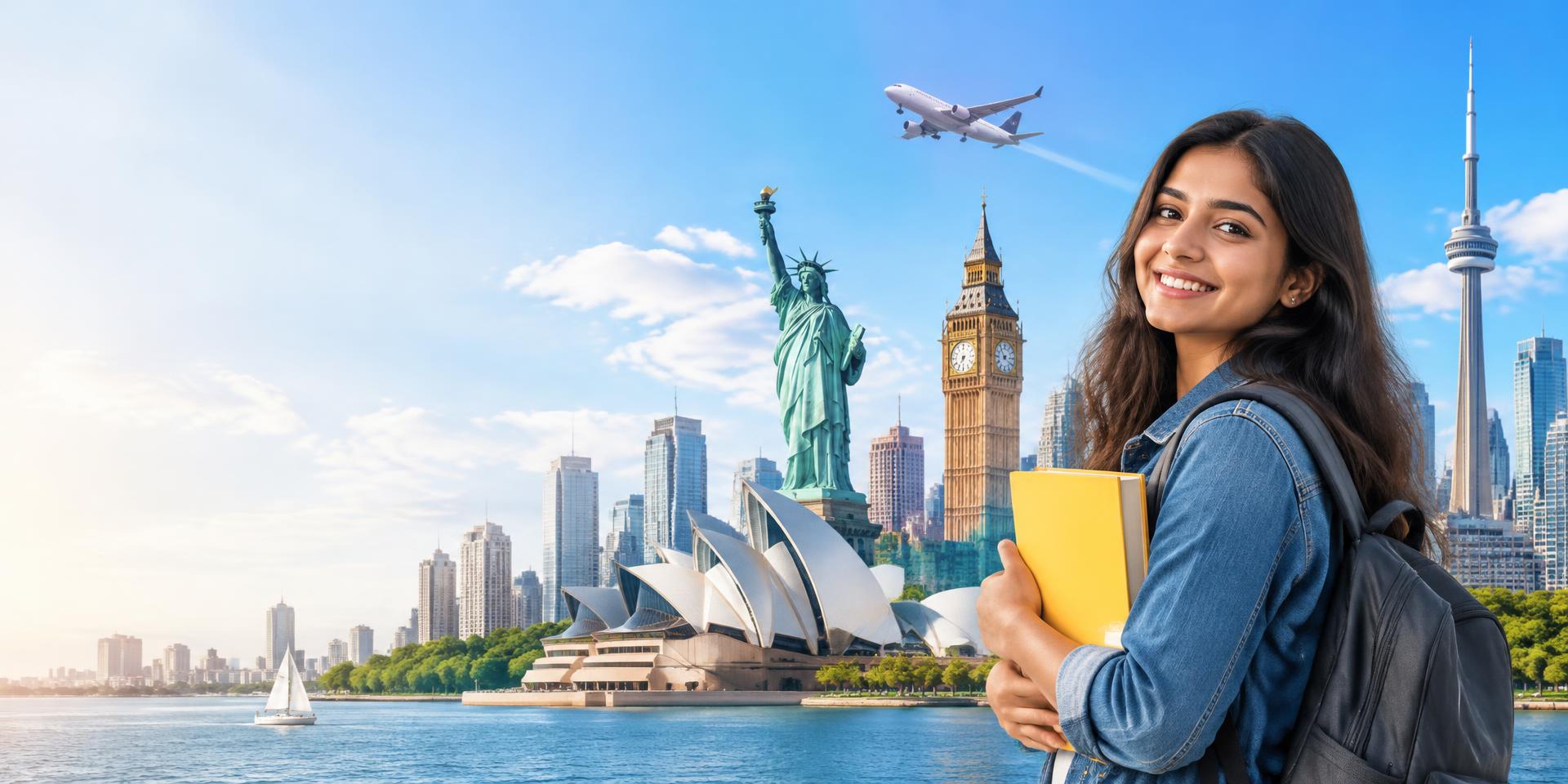 International student with books in front of world landmarks